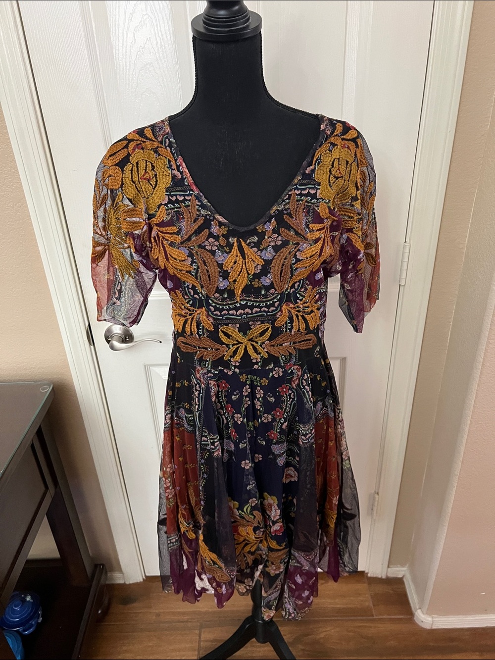 Johnny Was Black Midi Dress with Mustard and Purple Floral Embroidery